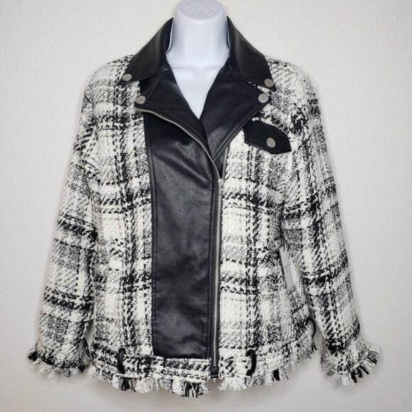 NWT Forever 21 Tweed Faux Leather Moto Jacket Sz S (1169) - Picture 2 of 8